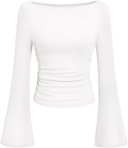 PRETTYGARDEN Womens Bell Long Sleeve Ribbed Knit Tops