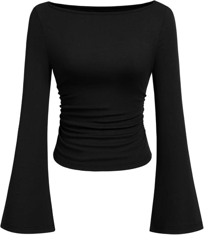 PRETTYGARDEN Womens Bell Long Sleeve Ribbed Knit Tops