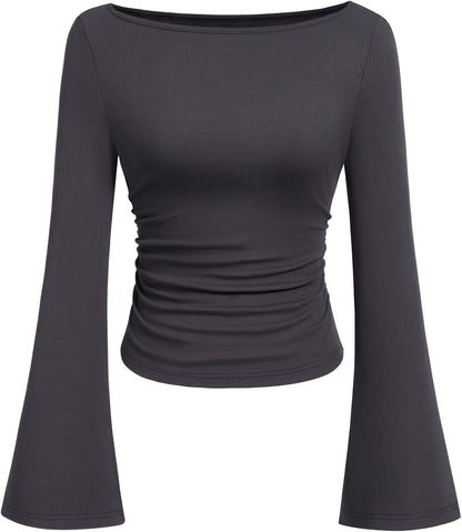 PRETTYGARDEN Womens Bell Long Sleeve Ribbed Knit Tops