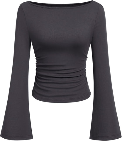 PRETTYGARDEN Womens Bell Long Sleeve Ribbed Knit Tops