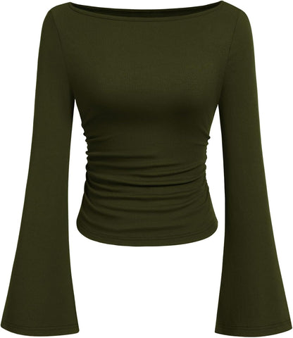 PRETTYGARDEN Womens Bell Long Sleeve Ribbed Knit Tops