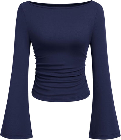 PRETTYGARDEN Womens Bell Long Sleeve Ribbed Knit Tops