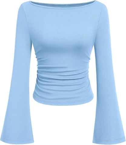 PRETTYGARDEN Womens Bell Long Sleeve Ribbed Knit Tops