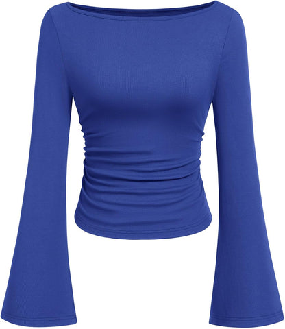 PRETTYGARDEN Womens Bell Long Sleeve Ribbed Knit Tops