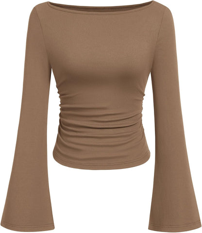 PRETTYGARDEN Womens Bell Long Sleeve Ribbed Knit Tops