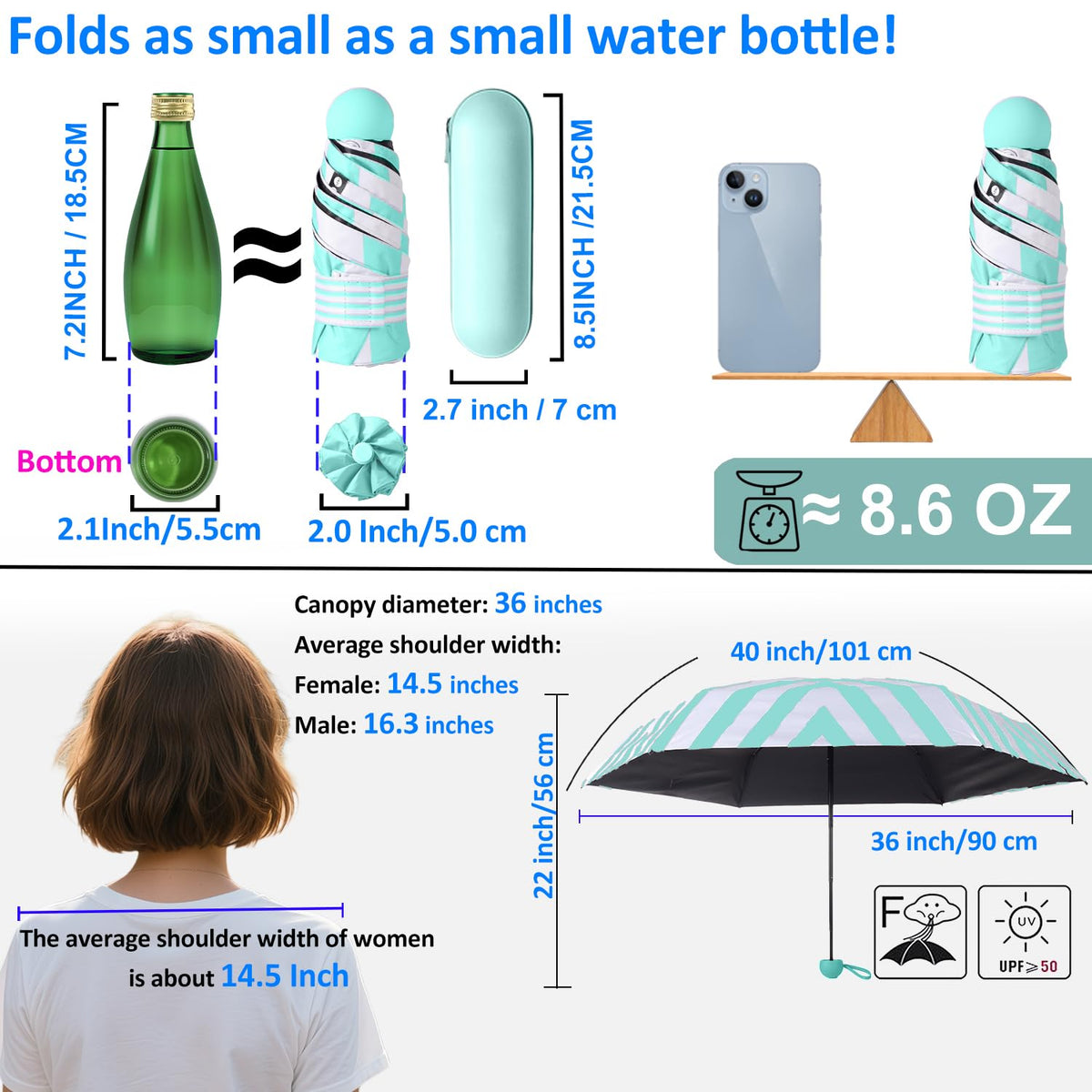 BAODINI Mini Travel Umbrella with UV Sun Protection, Compact Pocket-Size