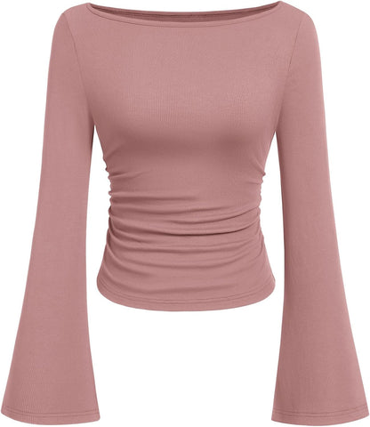 PRETTYGARDEN Womens Bell Long Sleeve Ribbed Knit Tops