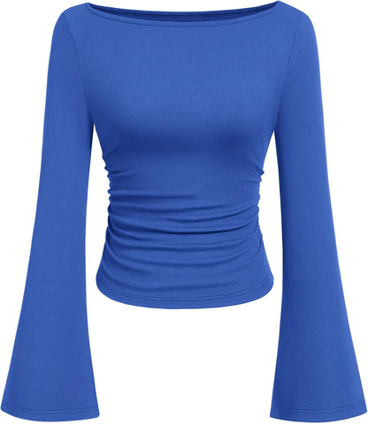 PRETTYGARDEN Womens Bell Long Sleeve Ribbed Knit Tops