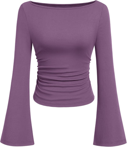 PRETTYGARDEN Womens Bell Long Sleeve Ribbed Knit Tops