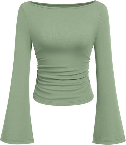 PRETTYGARDEN Womens Bell Long Sleeve Ribbed Knit Tops