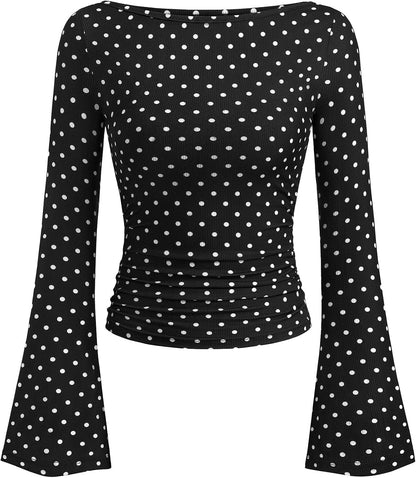 PRETTYGARDEN Womens Bell Long Sleeve Ribbed Knit Tops