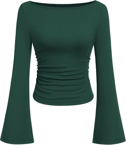 PRETTYGARDEN Womens Bell Long Sleeve Ribbed Knit Tops