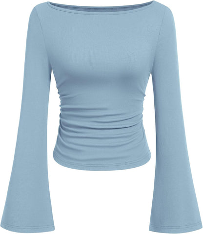PRETTYGARDEN Womens Bell Long Sleeve Ribbed Knit Tops