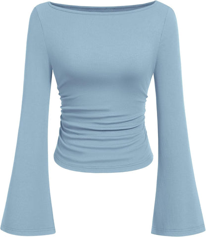 PRETTYGARDEN Womens Bell Long Sleeve Ribbed Knit Tops
