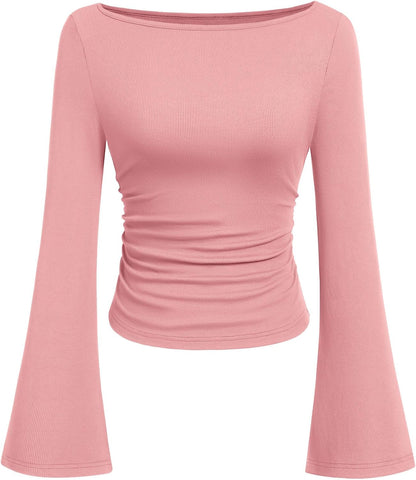 PRETTYGARDEN Womens Bell Long Sleeve Ribbed Knit Tops