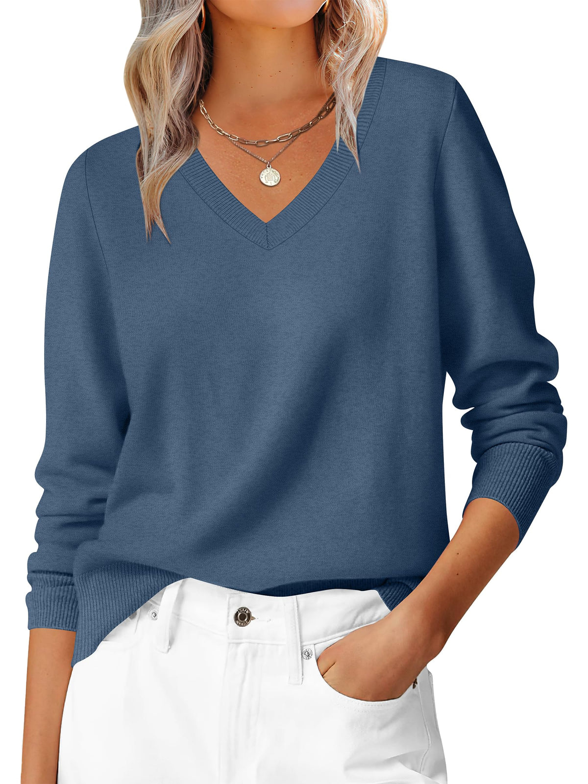 ANRABESS Women’s Fall Long Sleeve V Neck Lightweight Sweaters Top