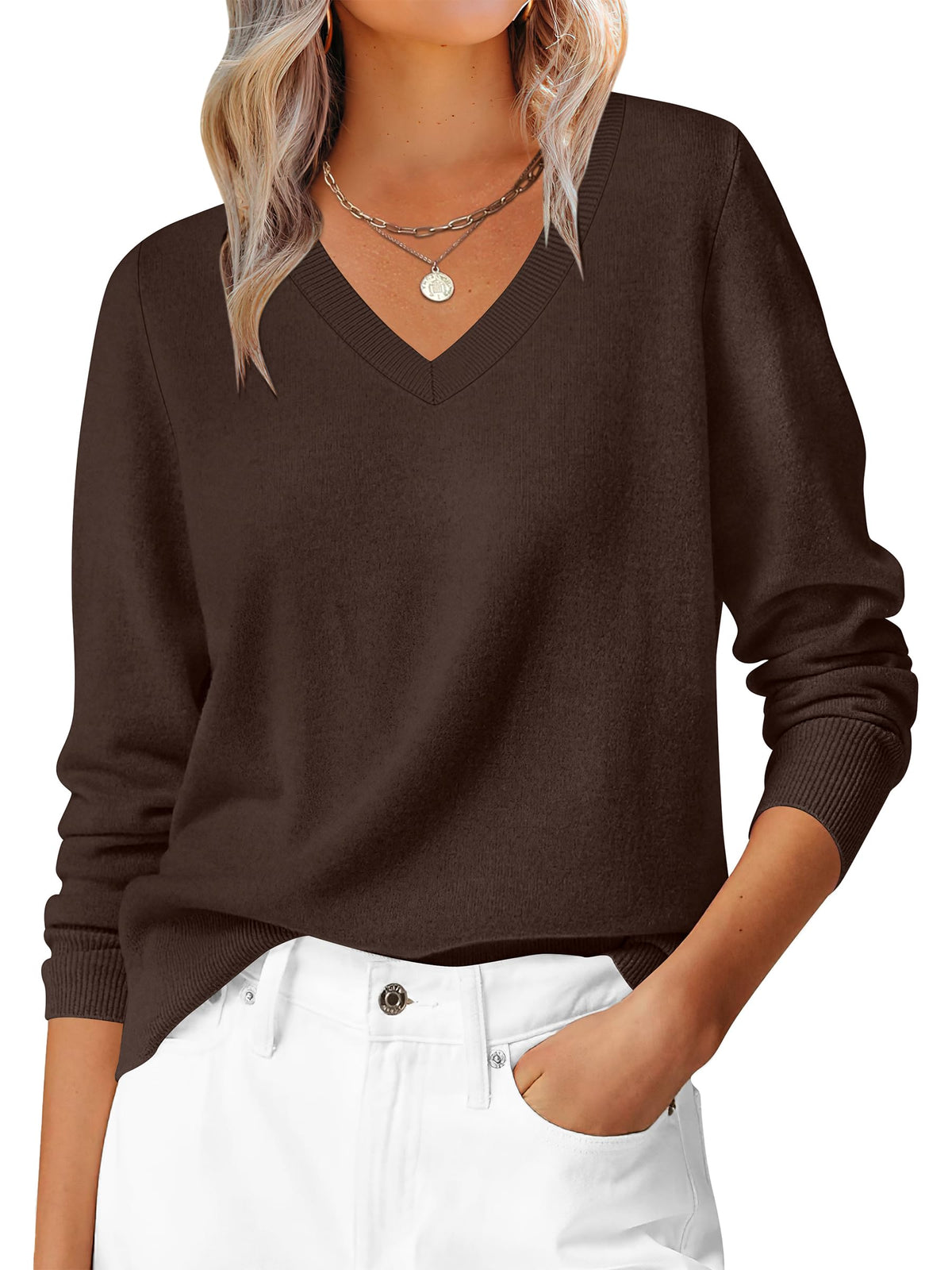 ANRABESS Women’s Fall Long Sleeve V Neck Lightweight Sweaters Top