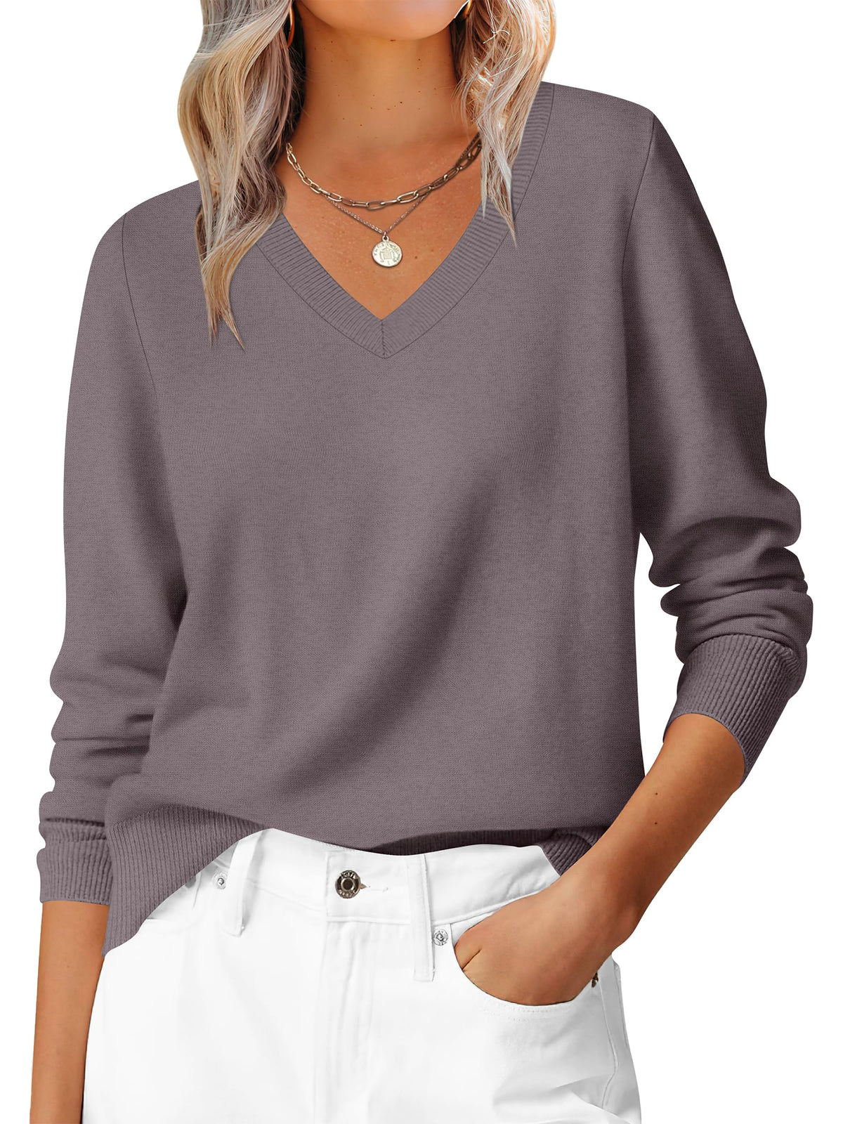 ANRABESS Women’s Fall Long Sleeve V Neck Lightweight Sweaters Top