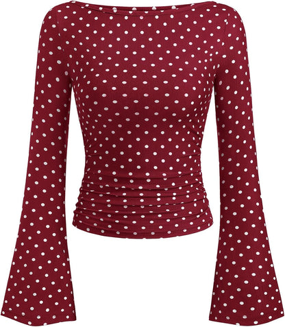 PRETTYGARDEN Womens Bell Long Sleeve Ribbed Knit Tops