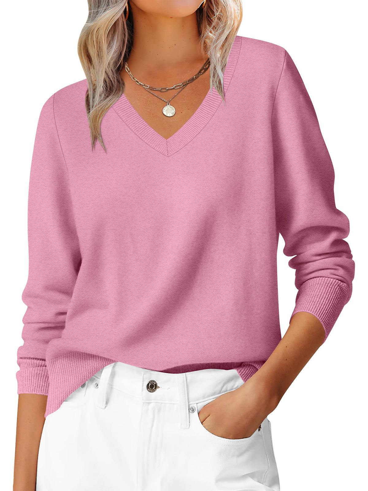 ANRABESS Women’s Fall Long Sleeve V Neck Lightweight Sweaters Top
