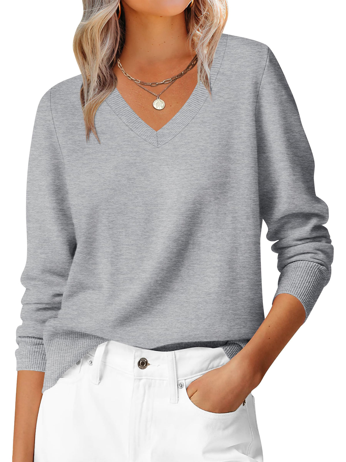 ANRABESS Women’s Fall Long Sleeve V Neck Lightweight Sweaters Top